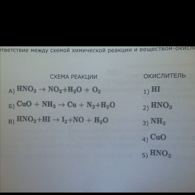 Установите соответствие между схемой реакции и веществом окислителем участвующим в данной реакции